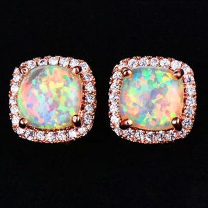 *18K Rose Gold White Opal Diamond Halo Earrings